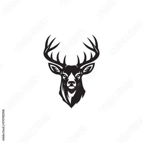 Deer head silhouette with antlers in black and white style perfect for hunting outdoor wildlife or nature themed design and rustic brand identity