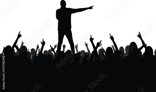Concert silhouette illustration, singer performing on stage, cheering crowd, live music event, rock concert energy, audience interaction, entertainment lifestyle scene