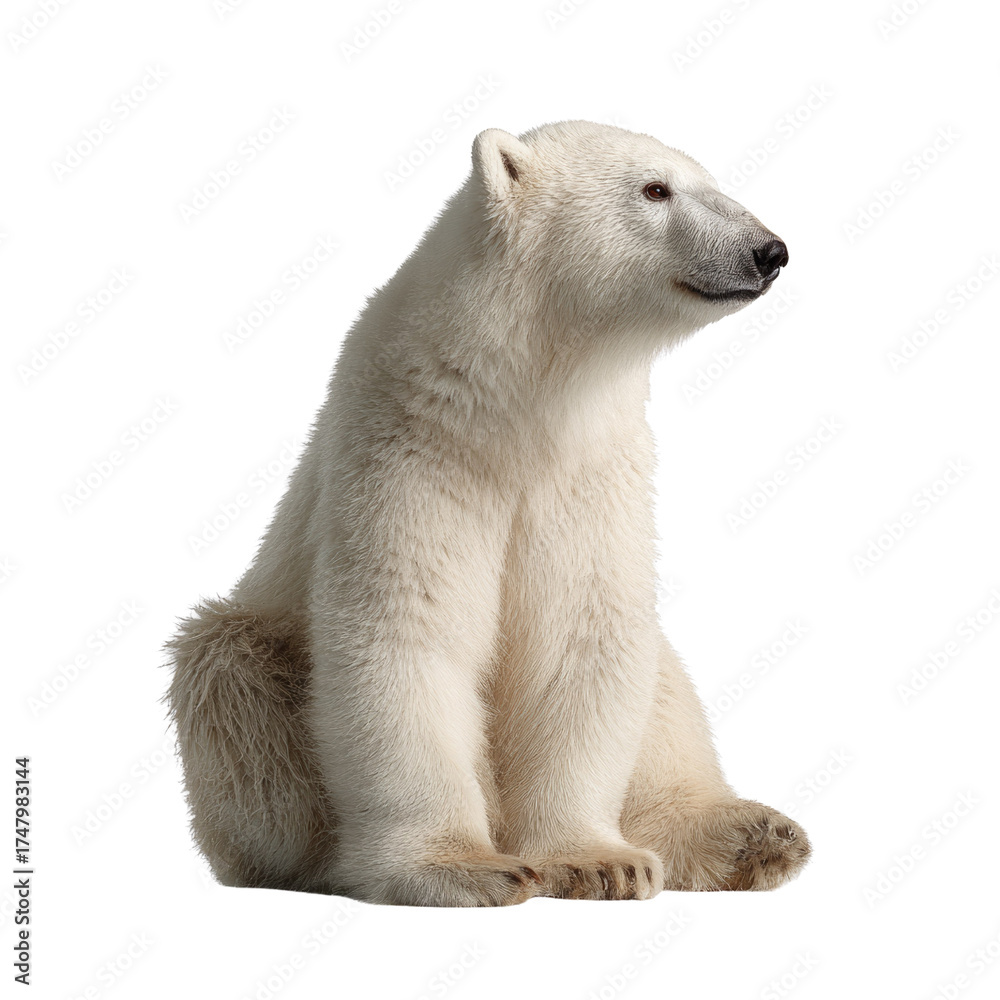Fototapeta premium A charming young polar bear with thick white fur sits calmly, looking to the right, against a plain transparent background. background removed