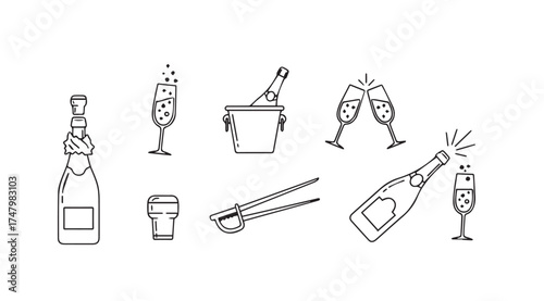 Hand-drawn collection of champagne bottles glasses ice bucket and toast elements for celebration vector