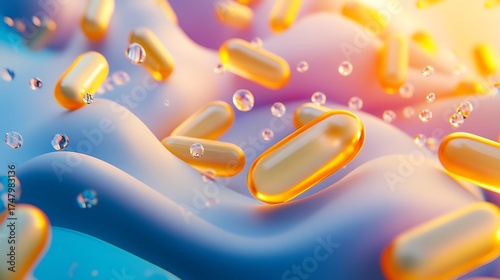 Golden Capsules with Water Droplets on Fluid Surface Abstract 3D Rendering
