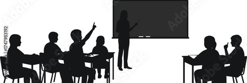 Classroom silhouette illustration, teacher with students, education concept, learning environment, school teaching, academic study, knowledge sharing, classroom interaction scene