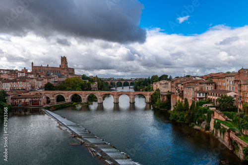Sainte Cécile cathedral and the banks of the Tarn, from the Pont Neuf in Albi, in the Tarn, in Occitanie, France