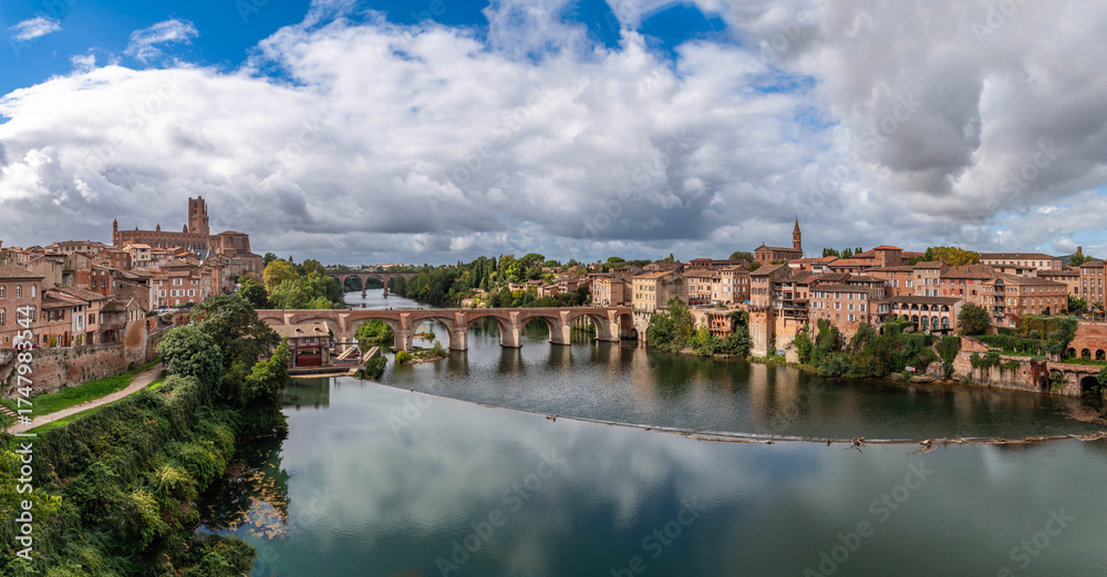 Fototapeta premium Sainte Cécile cathedral and the banks of the Tarn, from the Pont Neuf in Albi, in the Tarn, in Occitanie, France