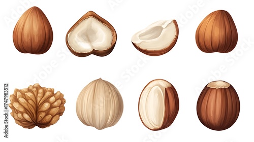 Hazelnut Set Isolated on White Background, Whole and Halved Pieces, Brown Nuts