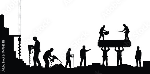 Construction silhouette illustration, workers with tools, building site teamwork, heavy equipment, labor activity, industrial development, infrastructure project, engineering workforce