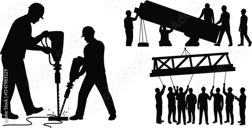 Construction silhouette illustration, workers using jackhammers, lifting heavy objects, teamwork on site, industrial labor, building project, infrastructure development, engineering workforce