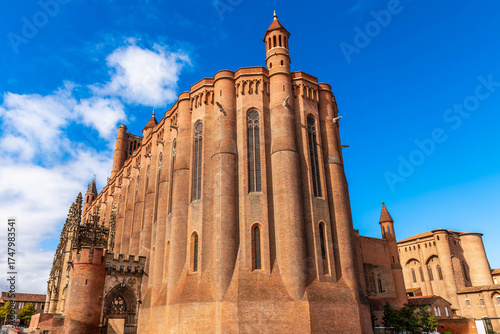 Rear of the Sainte Cécile cathedral in Albi, from Sainte Cécile square, in the Tarn, in Occitanie, France