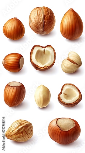 Hazelnut Assortment Isolated on White Background, Whole and Halved, Close Up Detailed