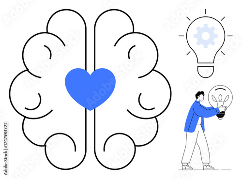 Brain with heart symbolizing emotional intelligence, light bulb for creativity, person holding idea bulb. Ideal for innovation, teamwork, problem-solving, emotional learning, self-growth