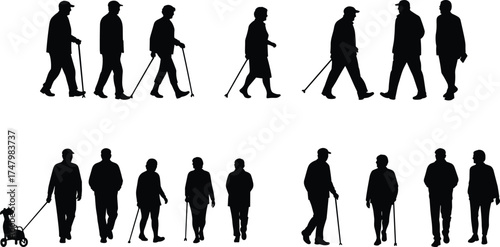 Elderly silhouettes, senior walking, mobility aids, cane support, walker assistance, aging population, active lifestyle, companionship, healthcare, retirement, independence, social interaction