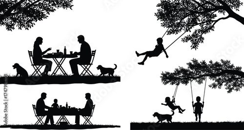 Family outdoor silhouette, children playing on swings, parents dining with pets, leisure lifestyle, nature bonding, summer picnic, happy childhood moments