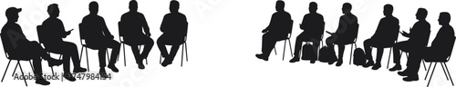 Group discussion silhouettes, therapy session, support group, teamwork communication, collaborative meeting, counseling circle, social interaction, mental health, community support, people talking