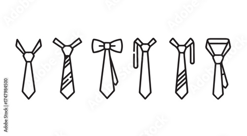 Collection of six different tie knot styles and types line art icons set vector