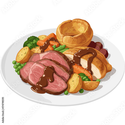 Cozy Sunday Roast Dinner Vector Illustration, Warm and Appetizing
