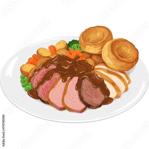 Warm Tone Roast Beef and Vegetables Vector Icon, Traditional Cuisine