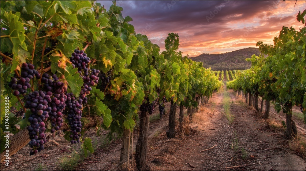 Naklejka premium Vineyard with ripe grapes at sunset