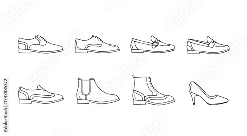 Collection of eight different shoe styles hand drawn in a simple line art sketch artistic representation vector