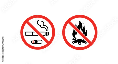 Two prohibition signs: one forbidding smoking with a cigarette, and the other forbidding open fires with flames.