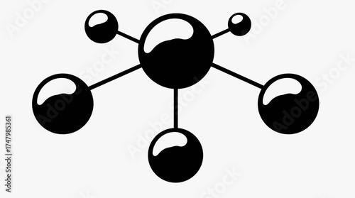 Black and white illustration of a molecular structure with connected spheres, radiating outwards from a central sphere.