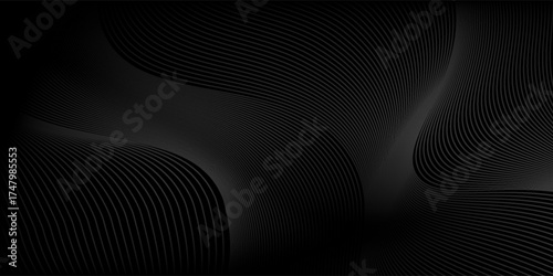 Black abstract background design. Modern wavy line pattern (guilloche curves) in monochrome colors. Premium stripe texture for banner, business backdrop. Dark horizontal vector template