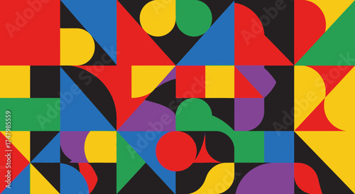 Colorful geometric shapes arranged in a dynamic and visually engaging abstract composition.