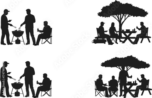 Silhouette illustration of barbecue and picnic scenes, outdoor leisure activity, family gathering, social event, grilling, dining under tree, community lifestyle