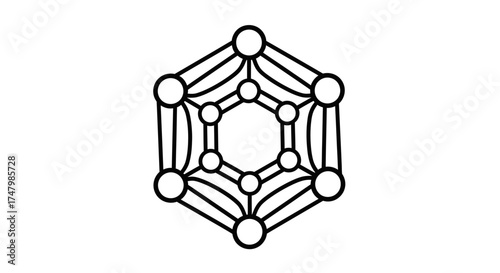 Abstract geometric design featuring interconnected circles and lines forming a hexagonal structure.