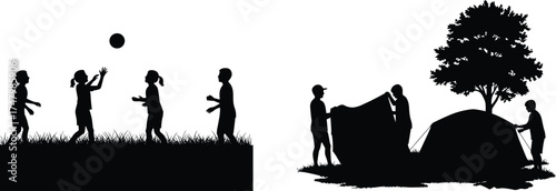 Silhouette illustration of children playing ball and family camping, outdoor activity, teamwork, recreation, childhood fun, adventure lifestyle, social interaction