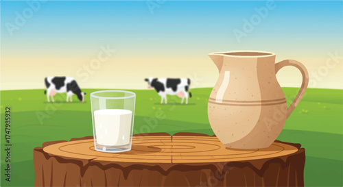 Fresh Milk in a Glass and a Jug with Cows Grazing in the Background on a Sunny Day