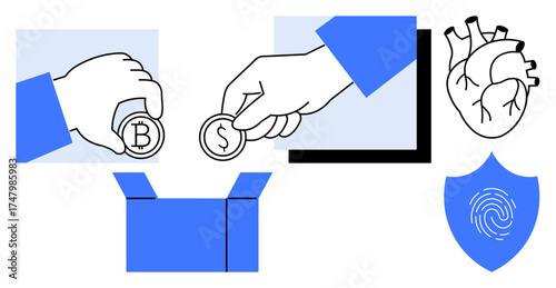 Hands placing cryptocurrency and dollar coins into a box, beside a heart and a shield. Ideal for themes thumbs up donation, finance, security, charity, cryptocurrency, trust and safeguarding. Simple