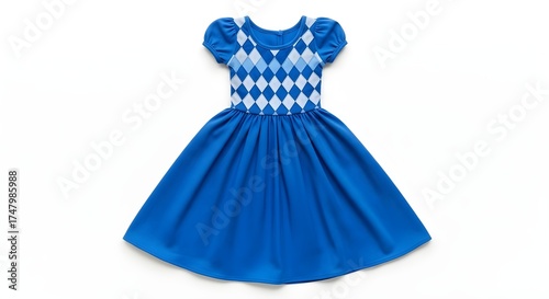 Bright royal blue short-sleeved girl's dress with argyle diamond pattern bodice isolated on white