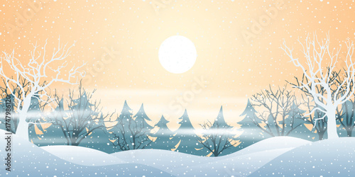 Winter evening landscape, mountain view, forest and snowfall, setting sun, cartoon nature, vector illustration