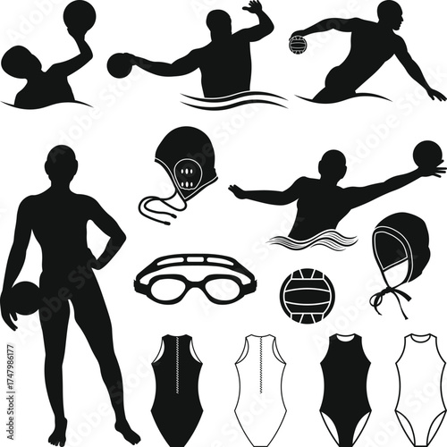 Water Polo Players and Equipment Silhouettes Collection, Water Polo Silhouette Bundle Illustration