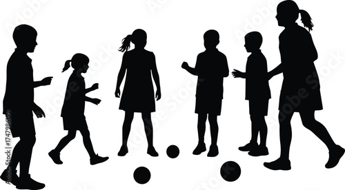 Silhouette illustration of children playing soccer, kids with footballs, outdoor sports activity, teamwork, childhood recreation, lifestyle concept, physical education
