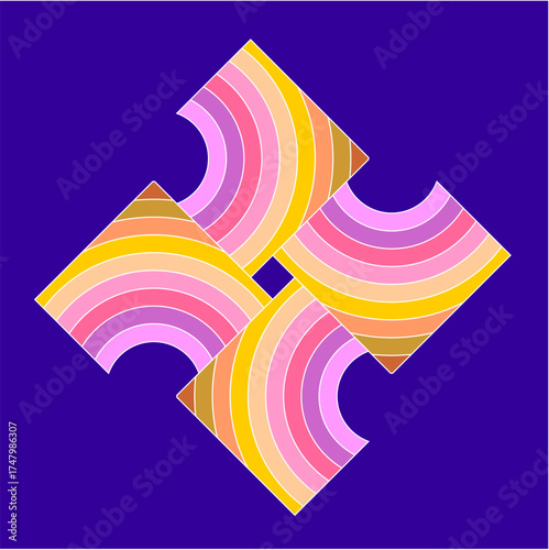 Four diamond-shaped tiles with radiant rainbow arcs in pink, yellow, and orange interlock playfully, forming a colorful geometric dance.
