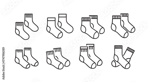 Set of eight pairs of hand drawn sock icons isolated on white seamless pattern vector