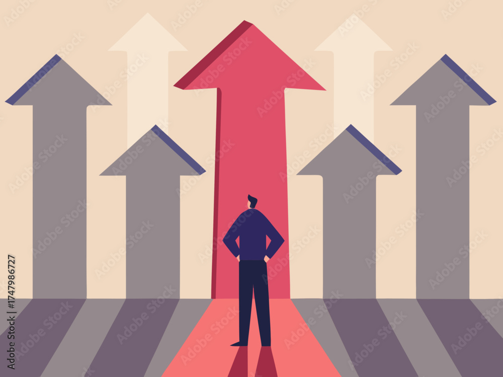 Fototapeta premium Man standing on red carpet facing multiple upward arrows symbolizing choice and future success
