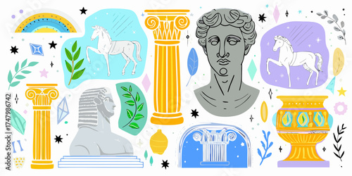 Whimsical collection of greek and egyptian inspired illustrations with horses columns busts and decorative elements