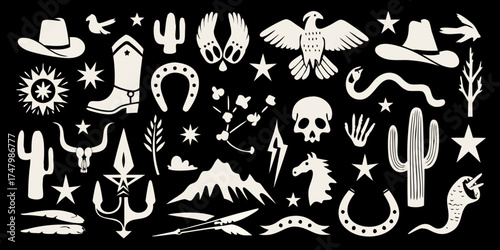 Collection of western and southwestern icons in silhouette on black background