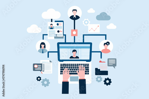 Digital workflow and data management concept with interconnected icons and a person working on a laptop