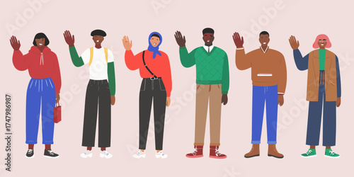 Diverse group of people waving hello in a friendly and welcoming gesture