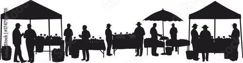 Silhouette illustration of farmers market, vendor stalls with customers, outdoor shopping, community commerce, local produce, lifestyle scene, social interaction