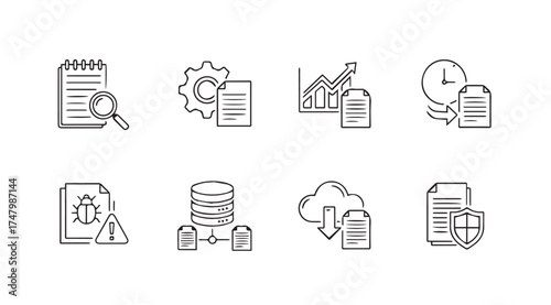 Hand drawn business data analysis icons representing research optimization growth security and storage vector