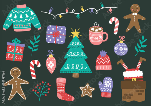 Set with colourful hand drawn Christmas elements. Christmas tree, ball, present, sock, cookie, cup, hat, sweater, gloves. Vector illustration
