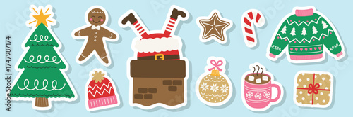 Set with colourful Christmas stickers. Christmas tree, ball, present, sock, cookie, cup, hat, sweater, gloves. Vector illustration