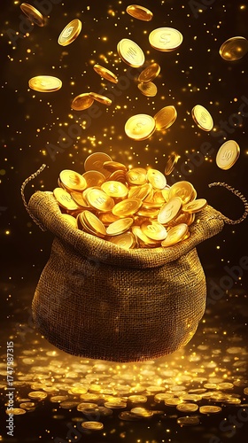 Overflowing Burlap Sack with Shiny Golden Coins Falling Against Dark Backdrop