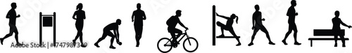 Silhouette illustration of fitness activities, people jogging, cycling, stretching, squats, gym workout, outdoor exercise, healthy lifestyle, physical training, recreation concept
