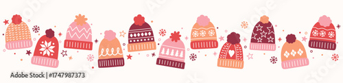 Christmas banner with funny hand drawn winter hats. Vector illustration