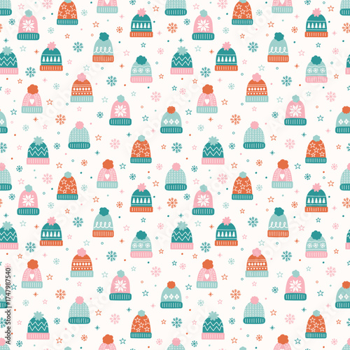 Colourful hand drawn winter hat background. Christmas seamless texture. Vector illustration